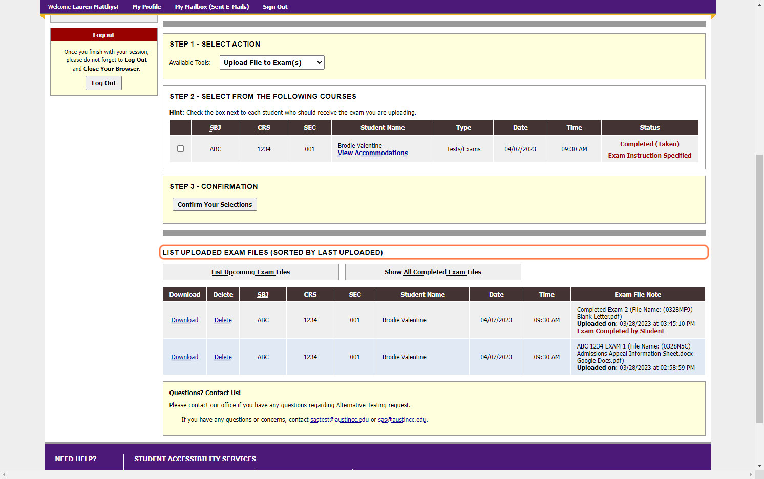 Click on LIST UPLOADED EXAM FILES (SORTED BY LAST UPLOADED)