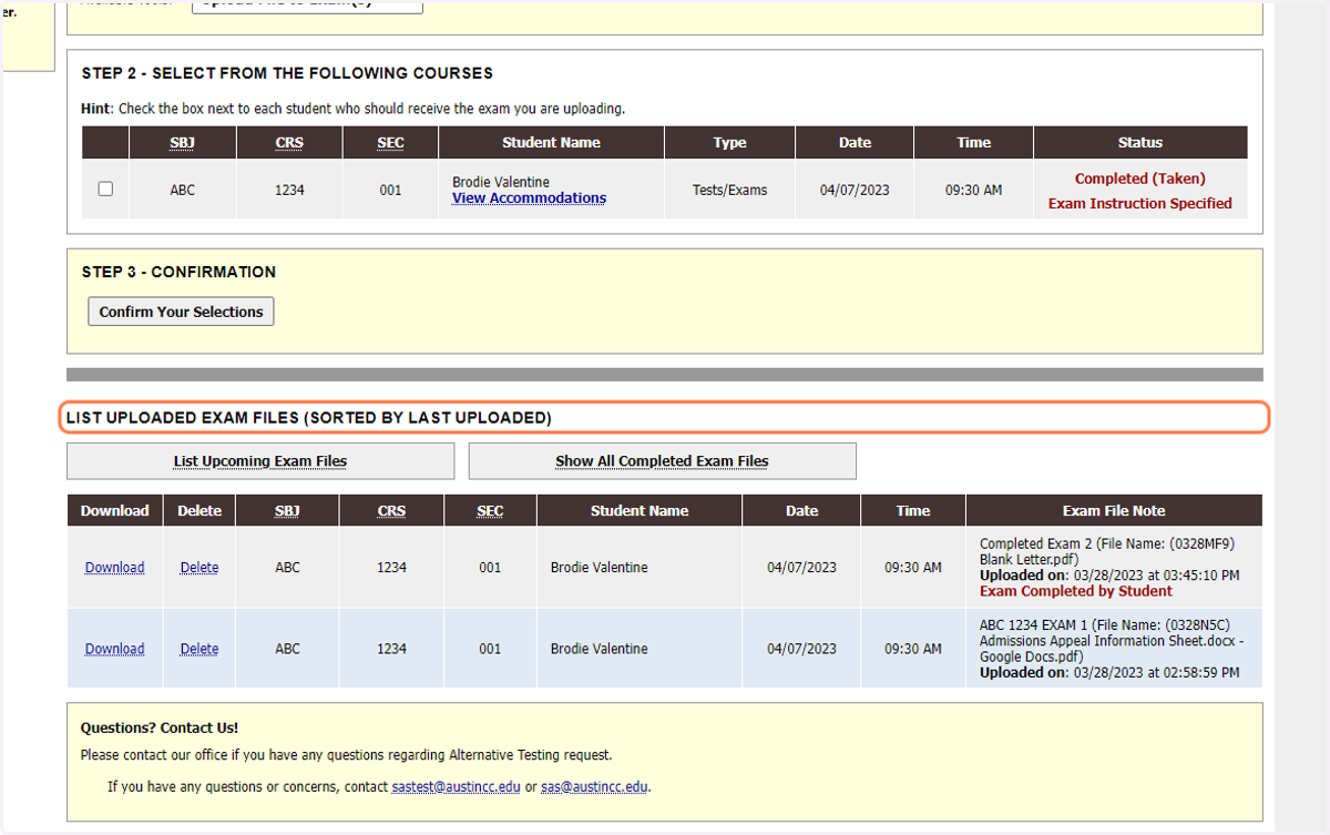 Click on LIST UPLOADED EXAM FILES (SORTED BY LAST UPLOADED)