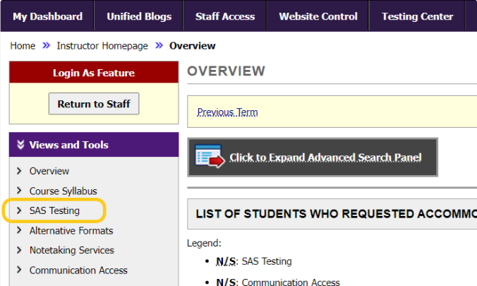 Click on SAS Testing in the left-hand column