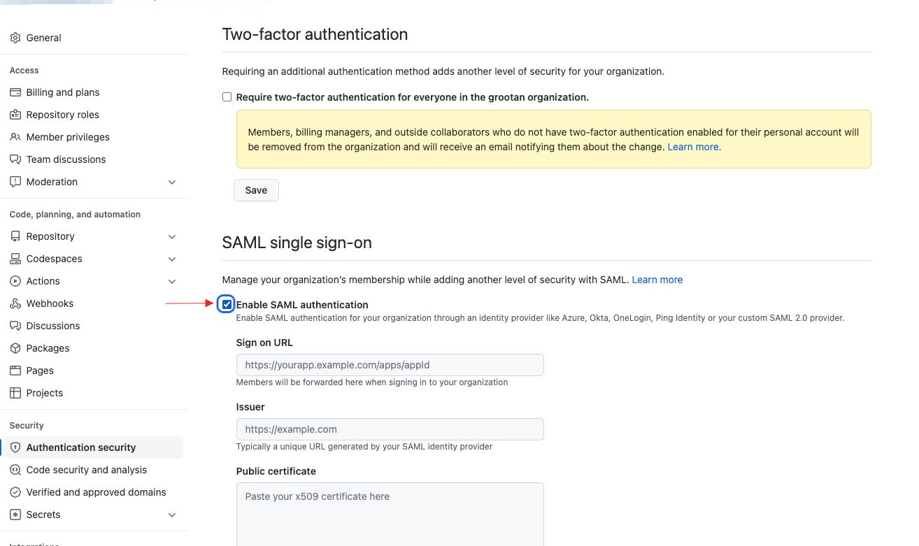 Enable SAML authentication