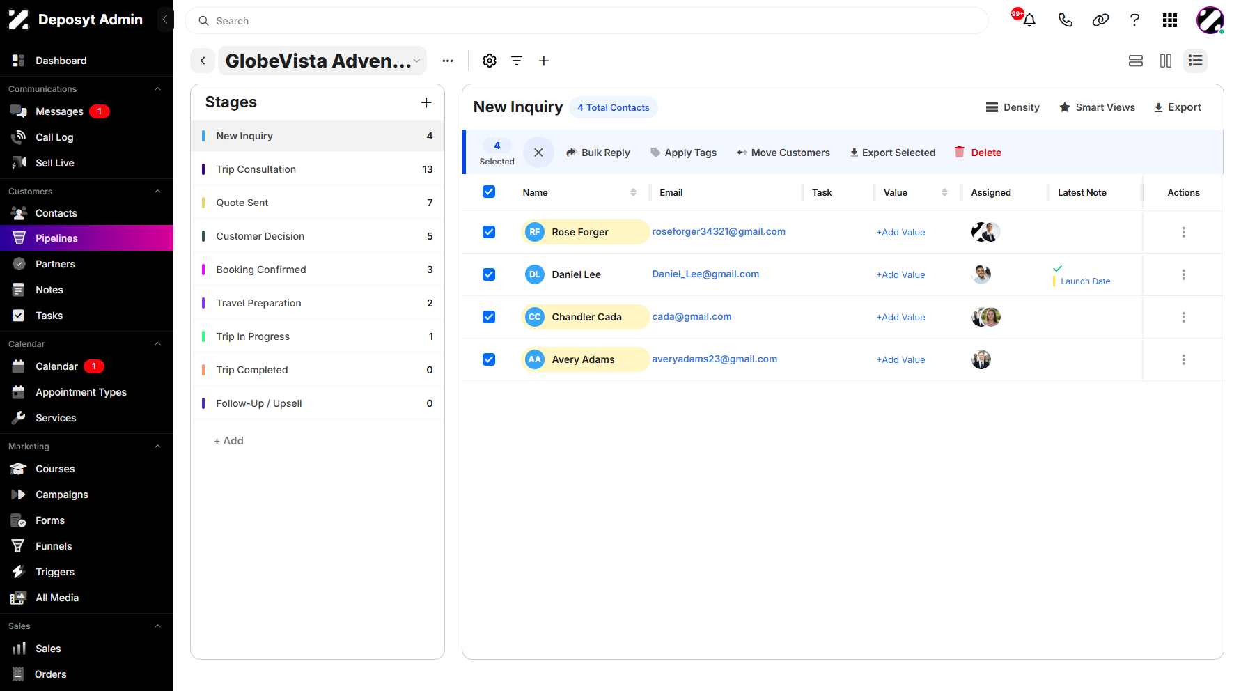 Step 8:  Once the bulk action is enabled, additional options will appear. You can send a bulk reply at once. You can also apply tags, move the selected contacts to a new pipeline stage, or export them. Lastly, you can delete all selected contacts at once if needed.