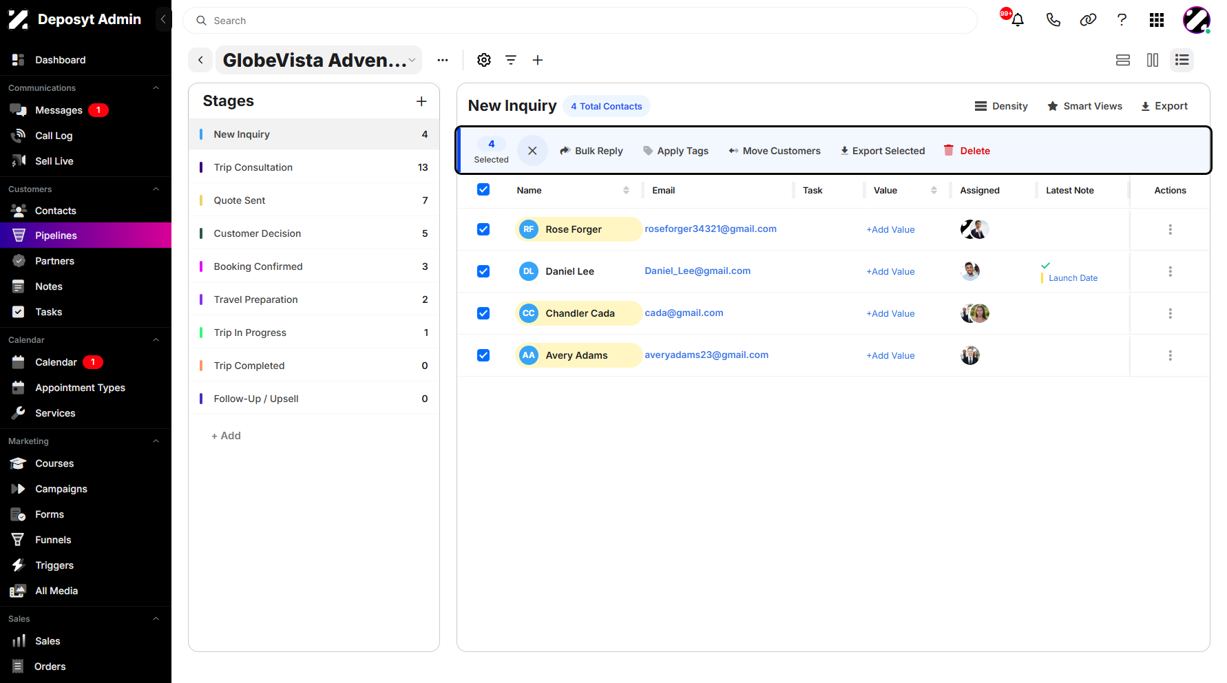 Step 8: Once the bulk action is enabled, additional options will appear. You can send a bulk reply at once. You can also apply tags, move the selected contacts to a new pipeline stage, or export them. Lastly, you can delete all selected contacts at once if needed.
