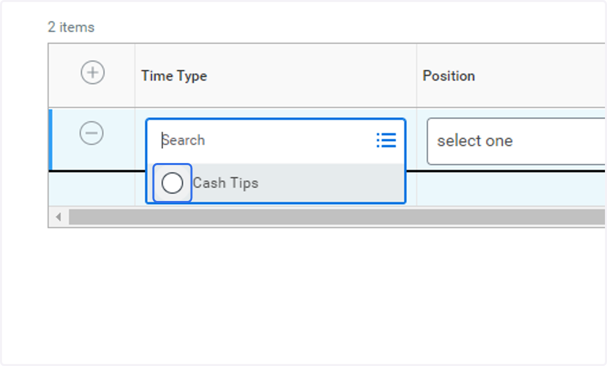 Select Cash Tips radio button