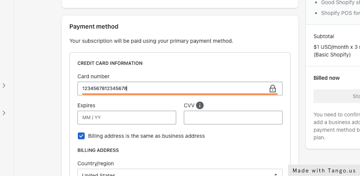 Add your card information: card number, expiry date, and CVV