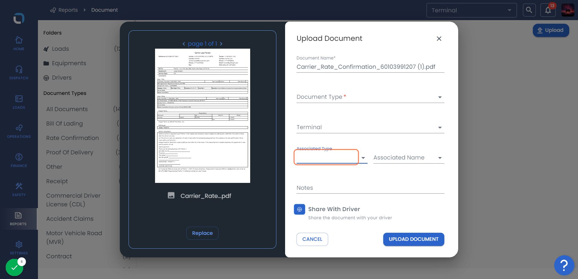 Select the Associated Type like Load, Driver, Tractor, Trailer