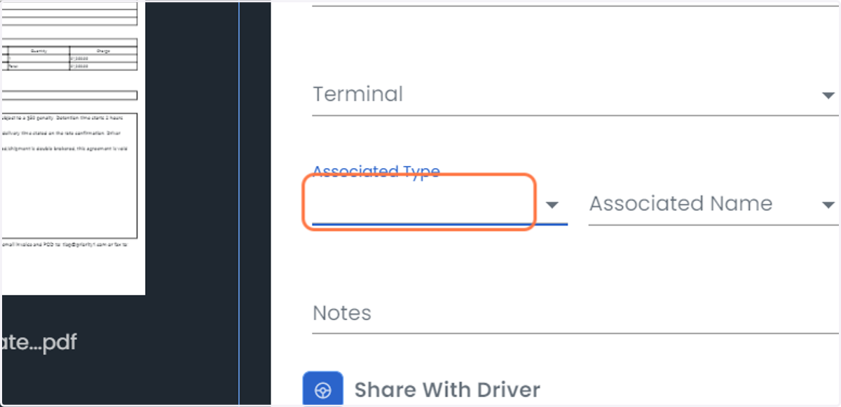 Select the Associated Type like Load, Driver, Tractor, Trailer