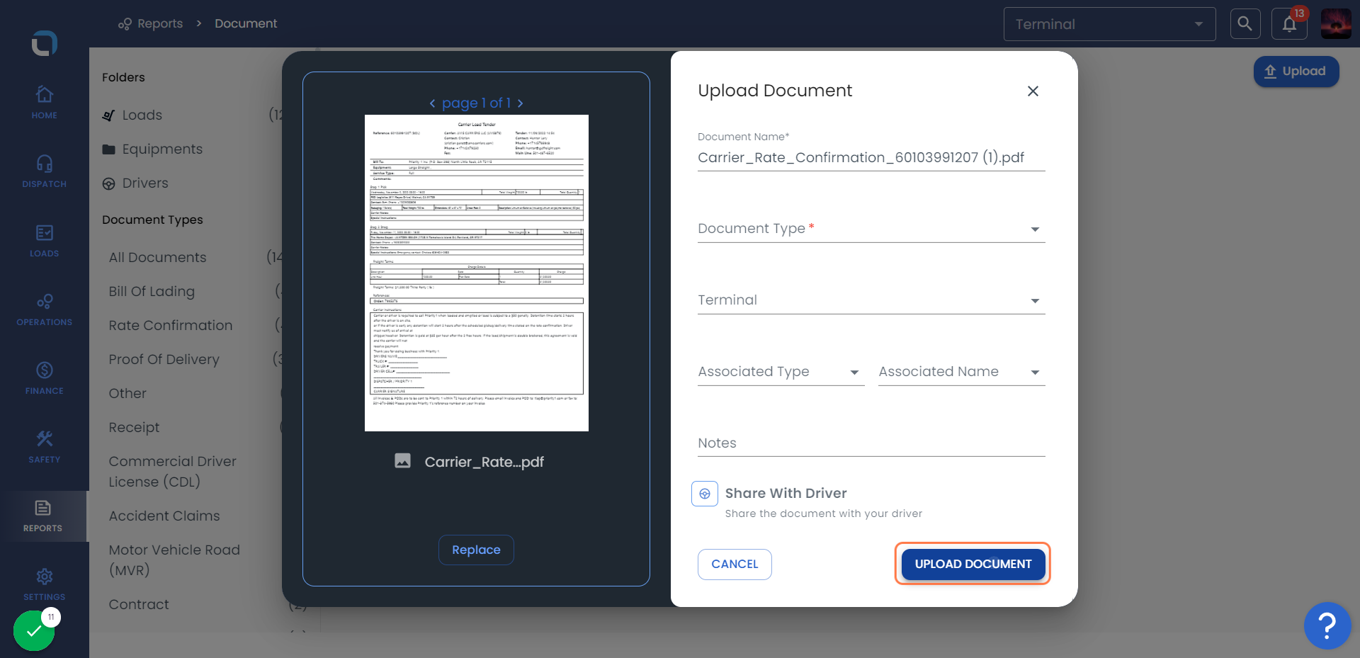 Click on UPLOAD DOCUMENT