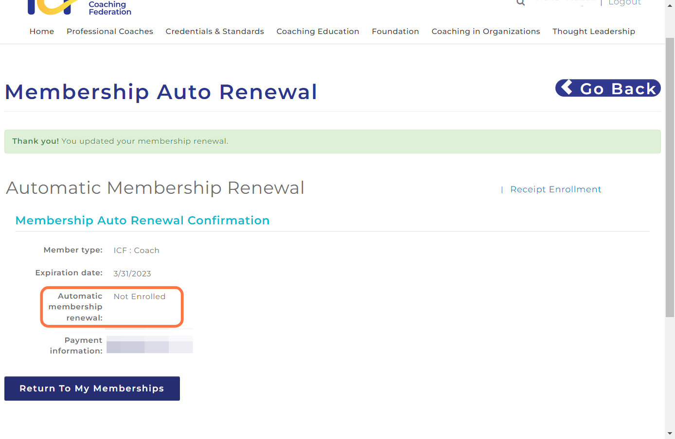 Click on Return to Membership to complete this proces