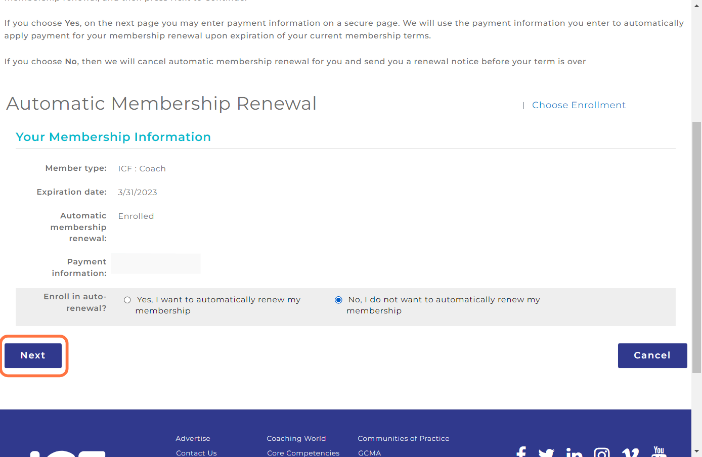 Select No, I do not want to automatically renew my membership & click Next