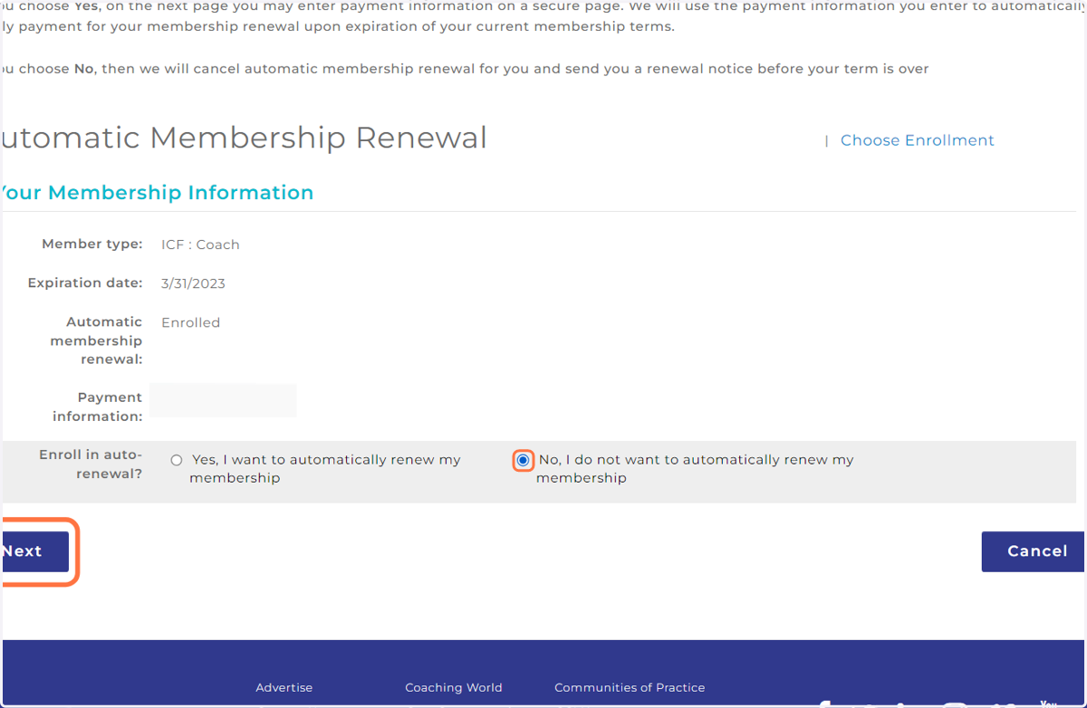 Select No, I do not want to automatically renew my membership & click Next