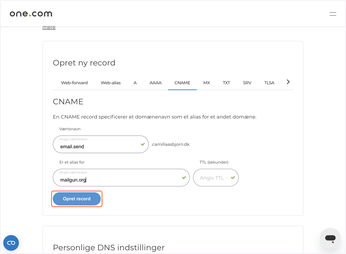 Eksempel på CNAME-record hos one.com