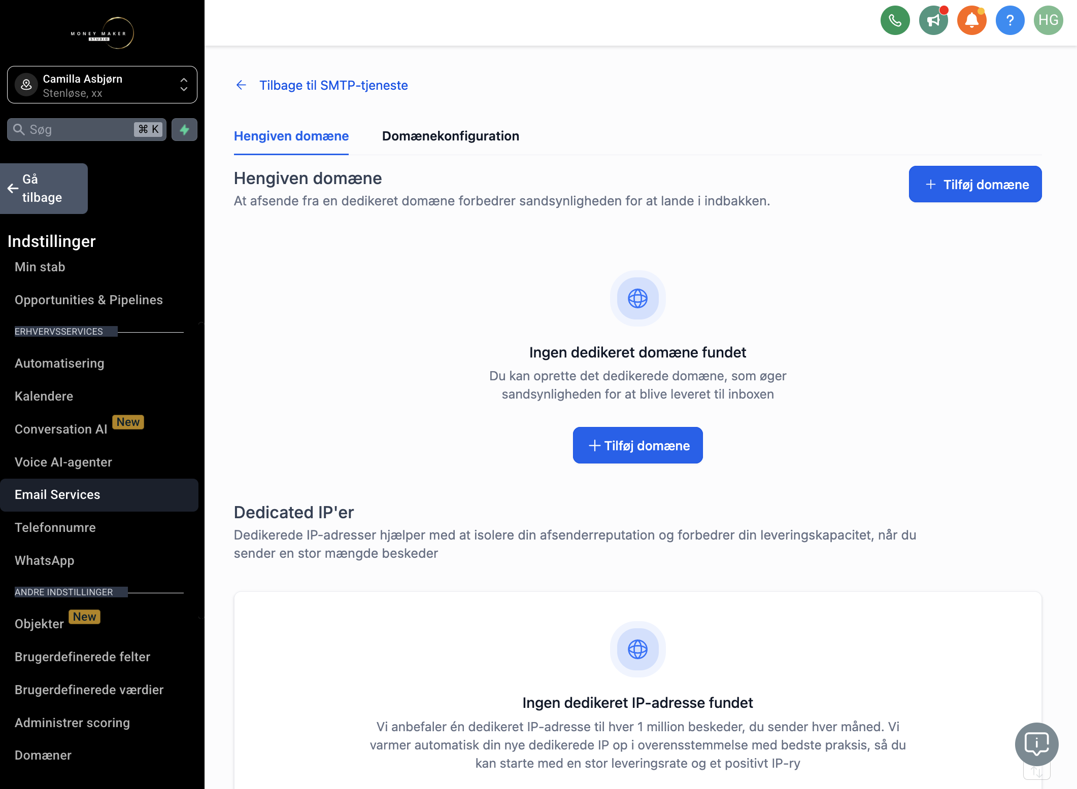 Klik på Create dedicated domain/Tilføj domæne