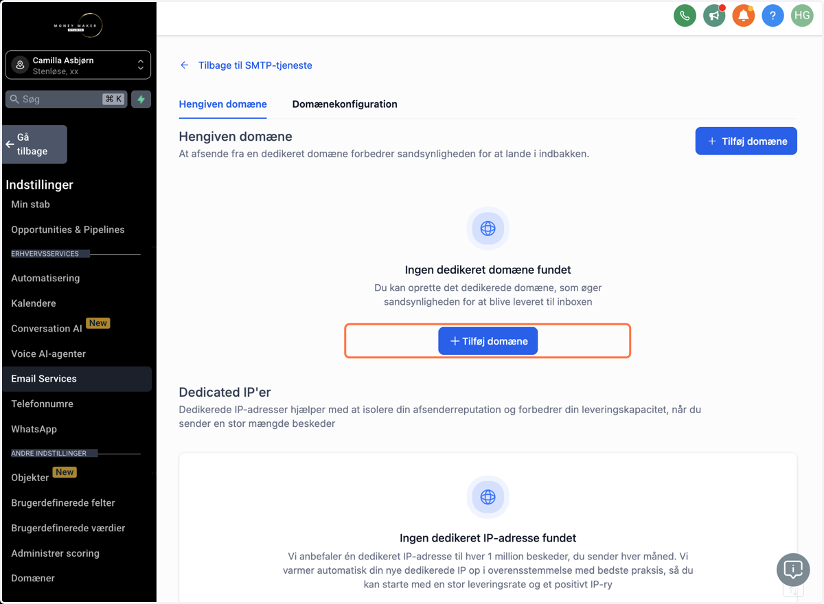 Klik på Create dedicated domain/Tilføj domæne