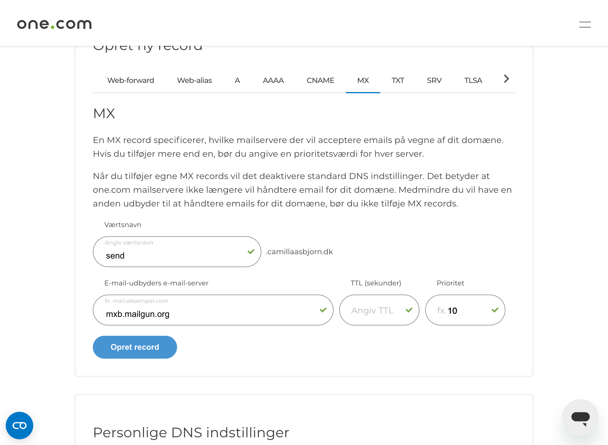 Eksempel på en MX-record hos one.com