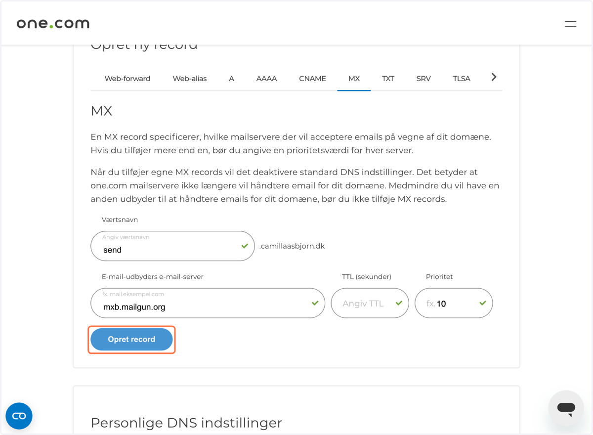 Eksempel på en MX-record hos one.com