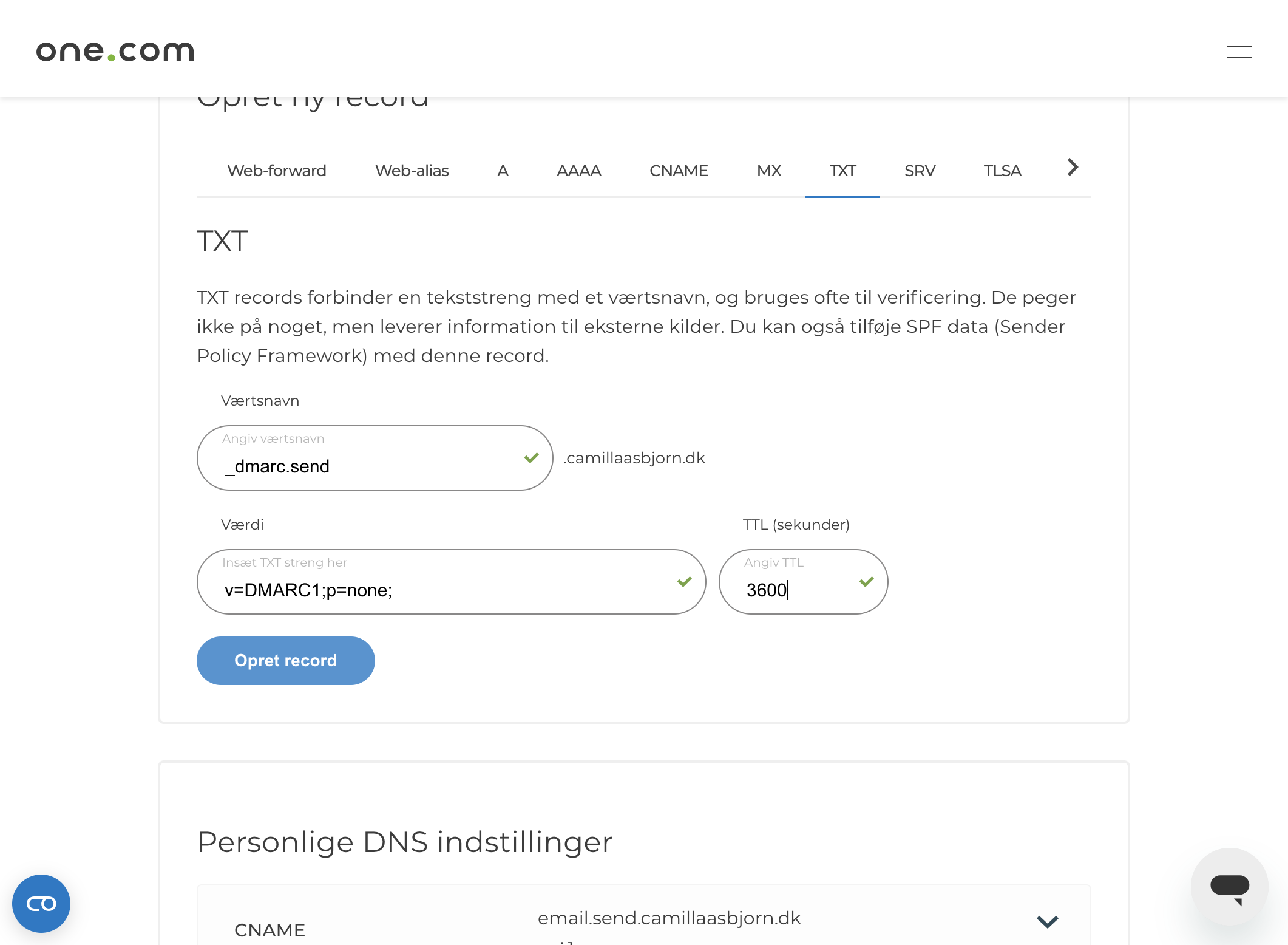 Eksempel på TXT-record hos one.com