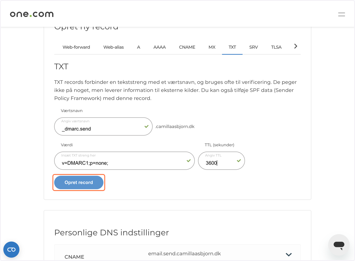 Eksempel på TXT-record hos one.com