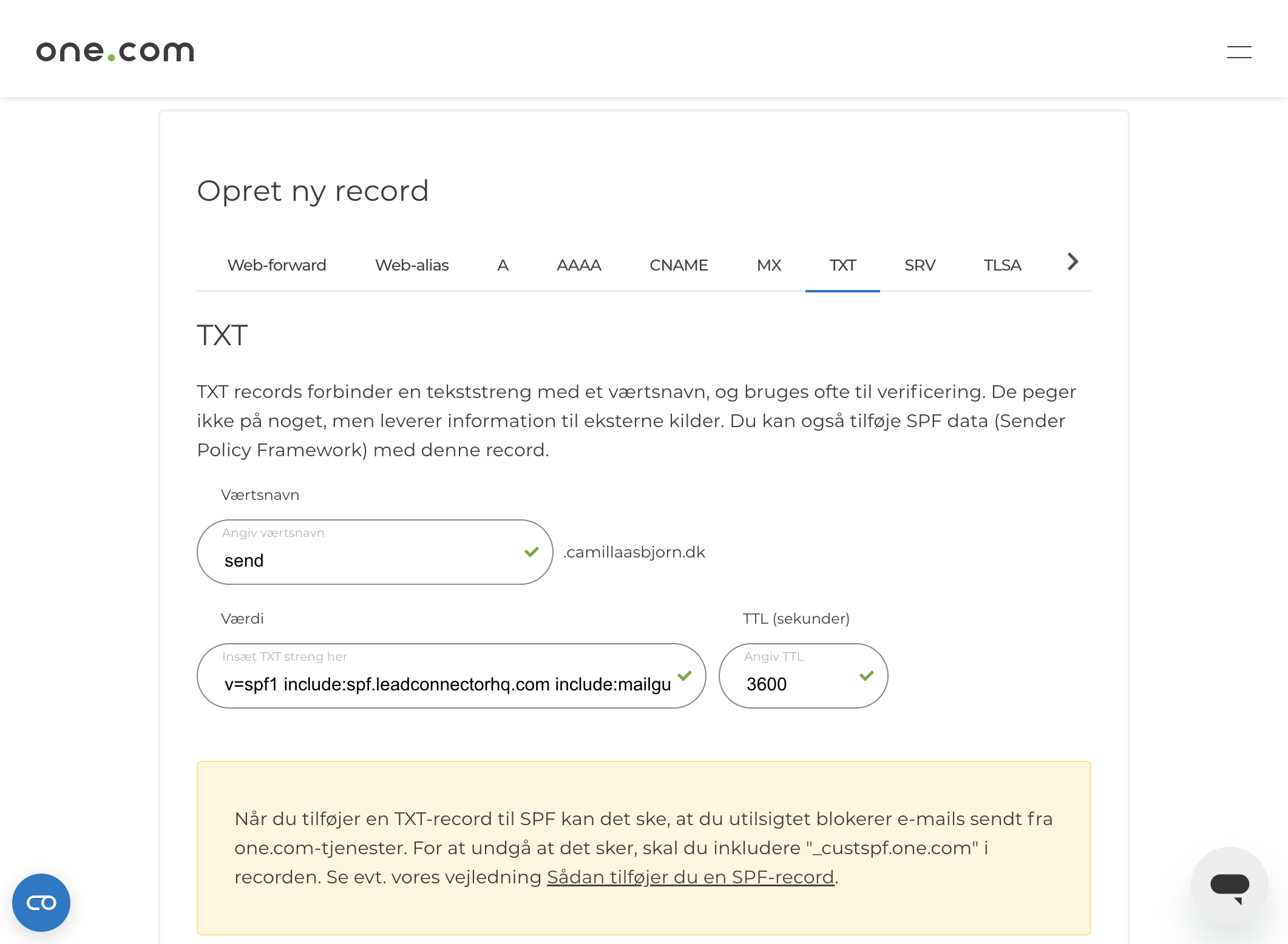 Hvis du opretter TXT-record med navnet "send" hos one.com, så husk dette!