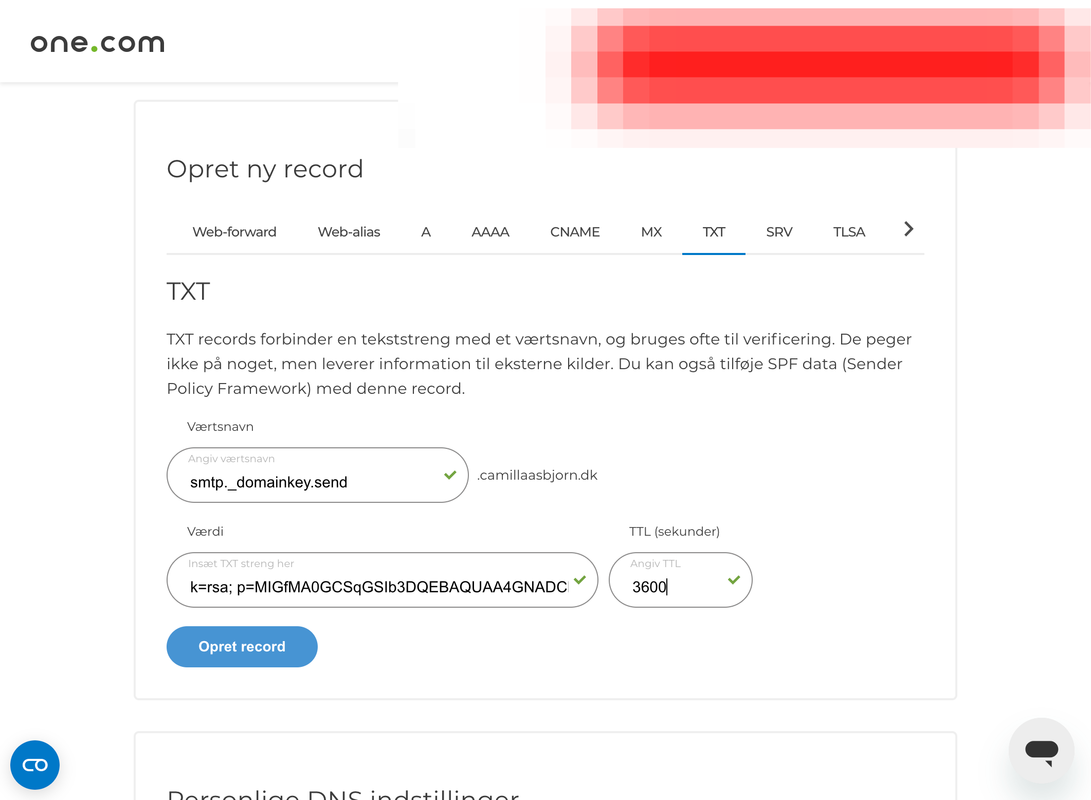 Eksempel på hvordan en TXT record oprettes hos one.com