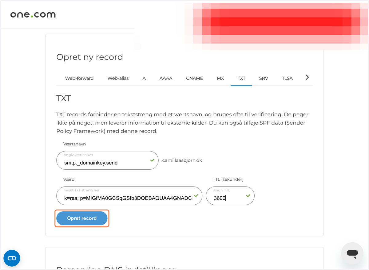 Eksempel på hvordan en TXT record oprettes hos one.com