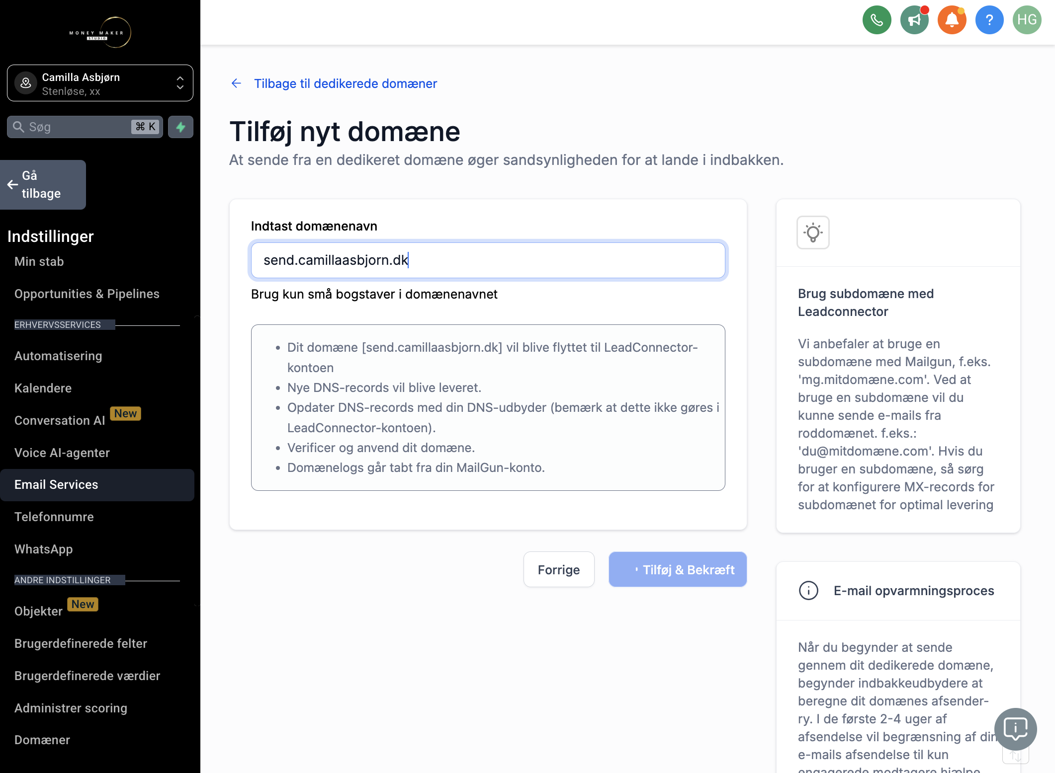 Klik på Add & Verify/ Tilføj & Bekræft
