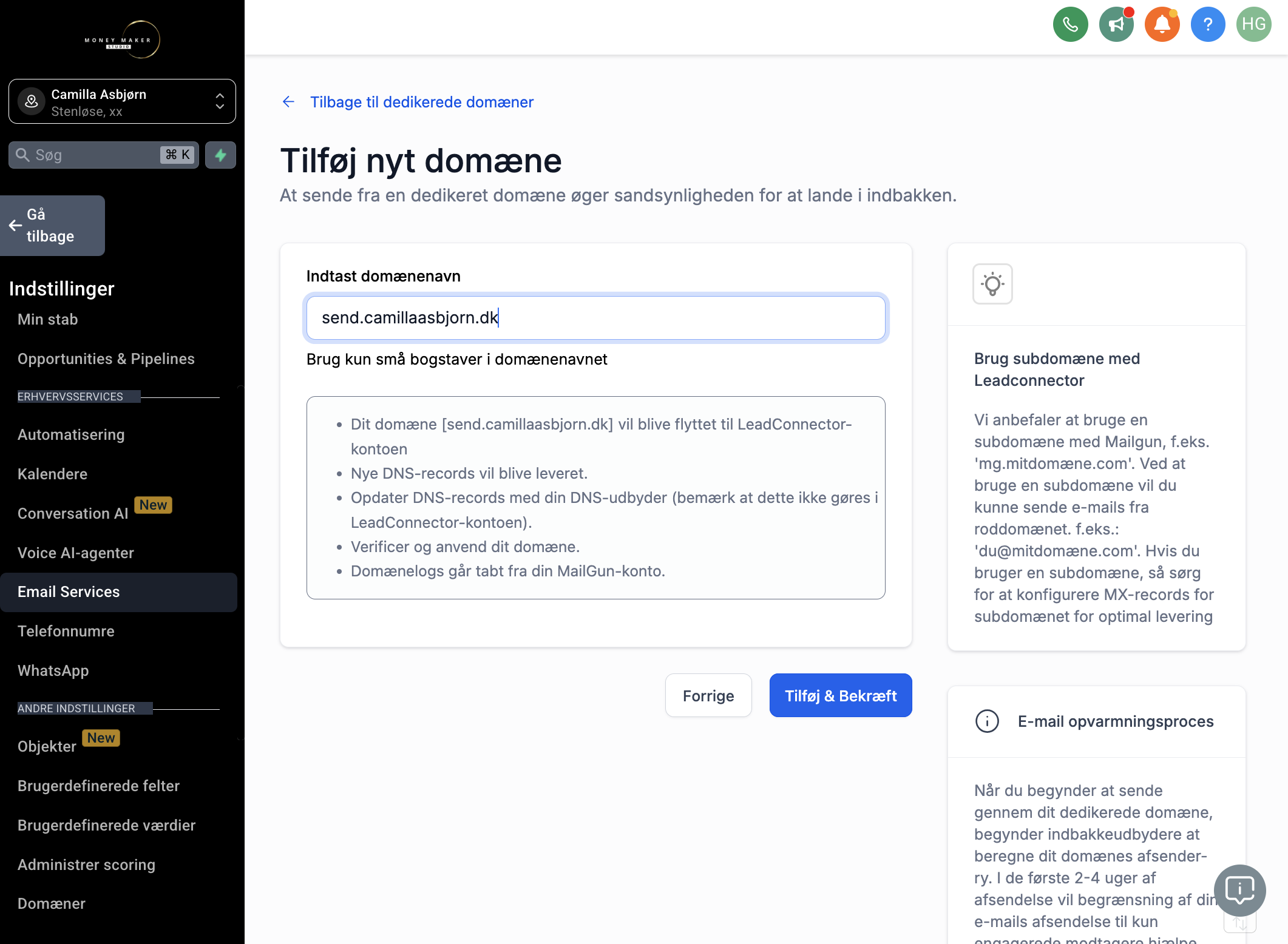 Navngiv dit subdomæne fx "send.camillaasbjorn.dk"