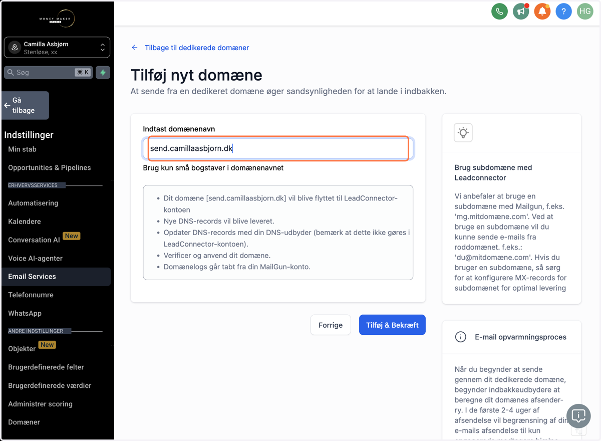 Navngiv dit subdomæne fx "send.camillaasbjorn.dk"
