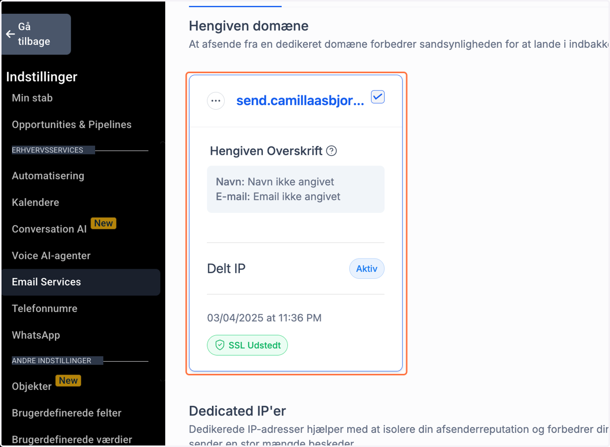 Når dit domæne er verificeret, vil det se sådan her ud og du er nu klar til at sende mails ud:-)