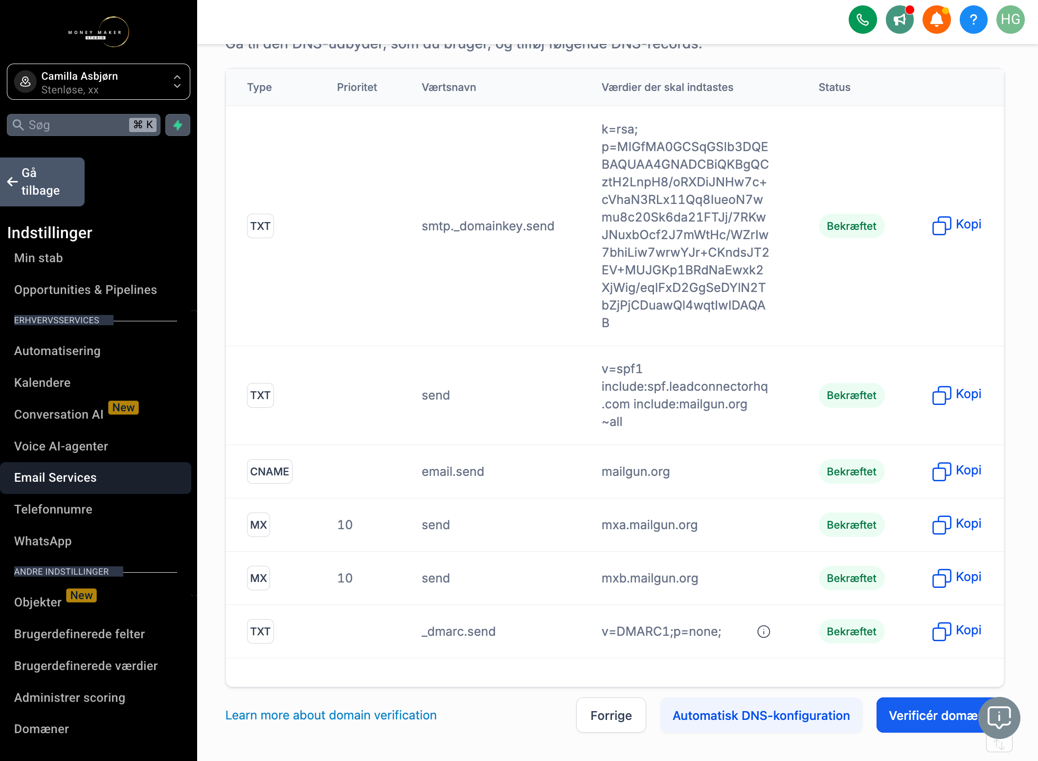 Klik på Verify domain/Verificér domæne