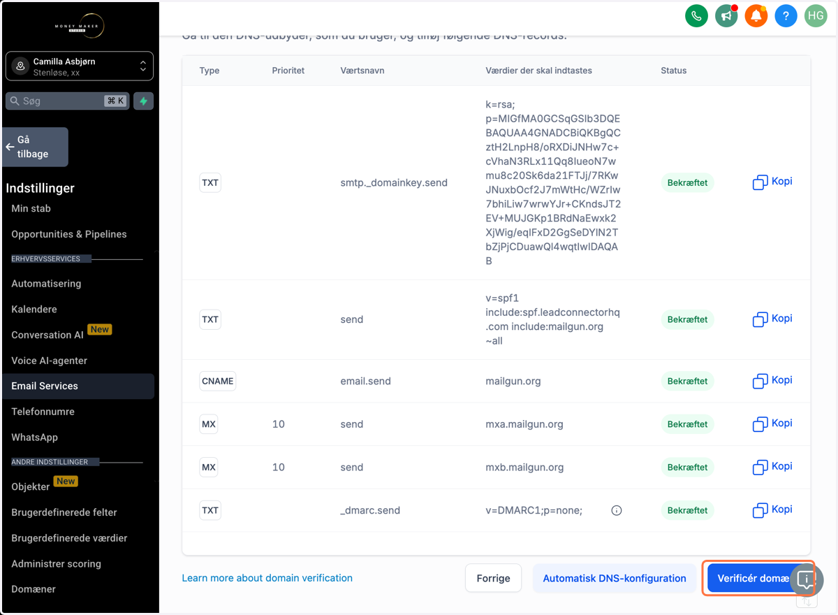 Klik på Verify domain/Verificér domæne