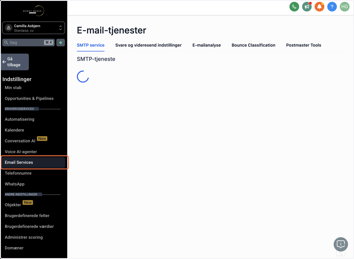 Under Settings, klik på Email Services