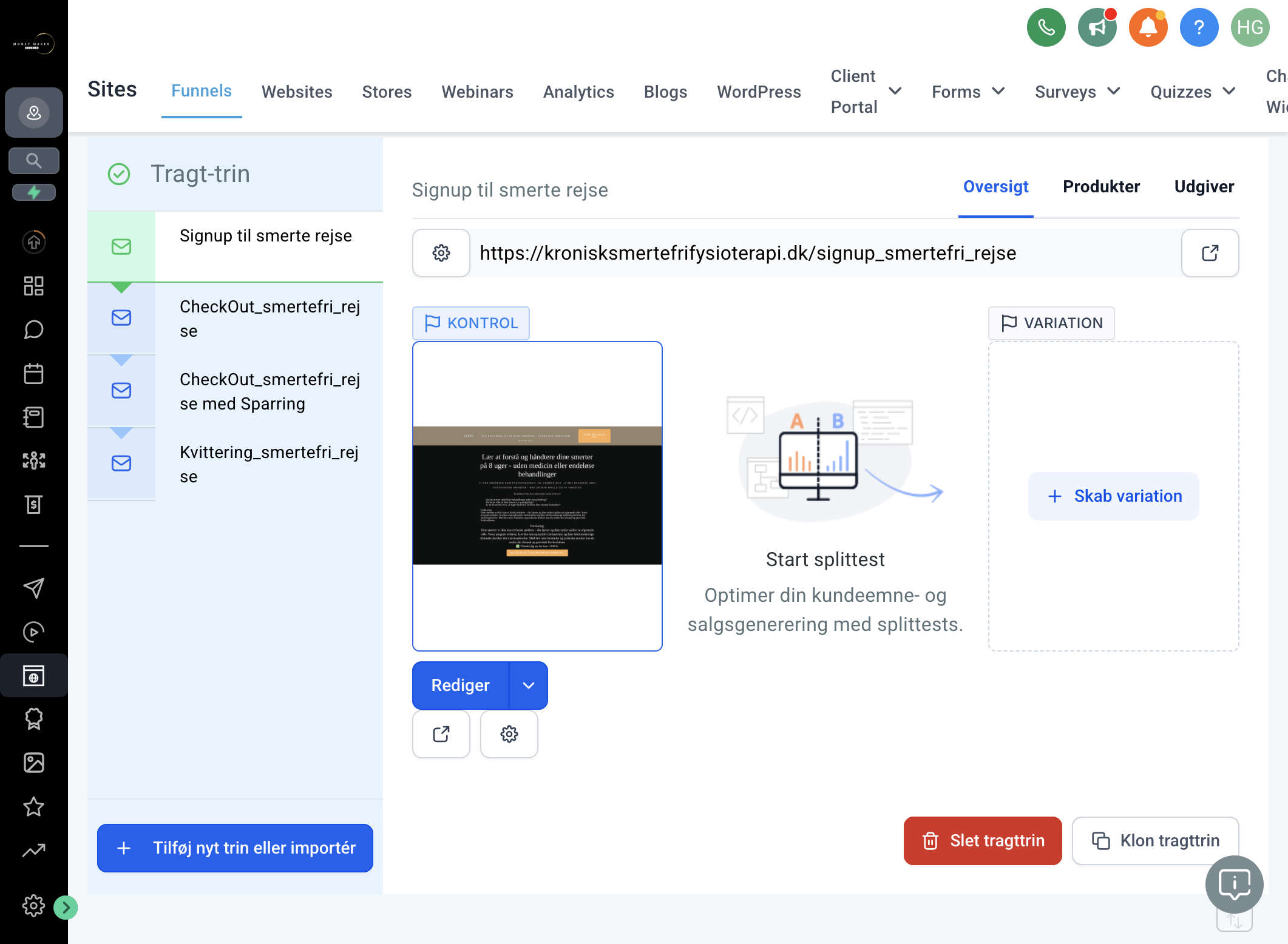 Vælg det funnel step du vil kopiere og klik på Clone funnel step/Klon tragttrin