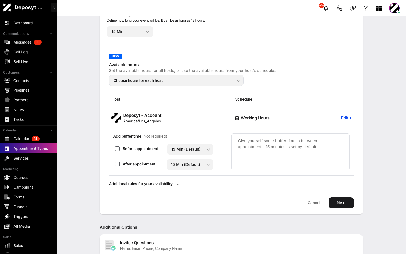 Step 9: Continue by setting a buffer time before or after the appointment. You can also add additional rules for your availability. When done, click Next.