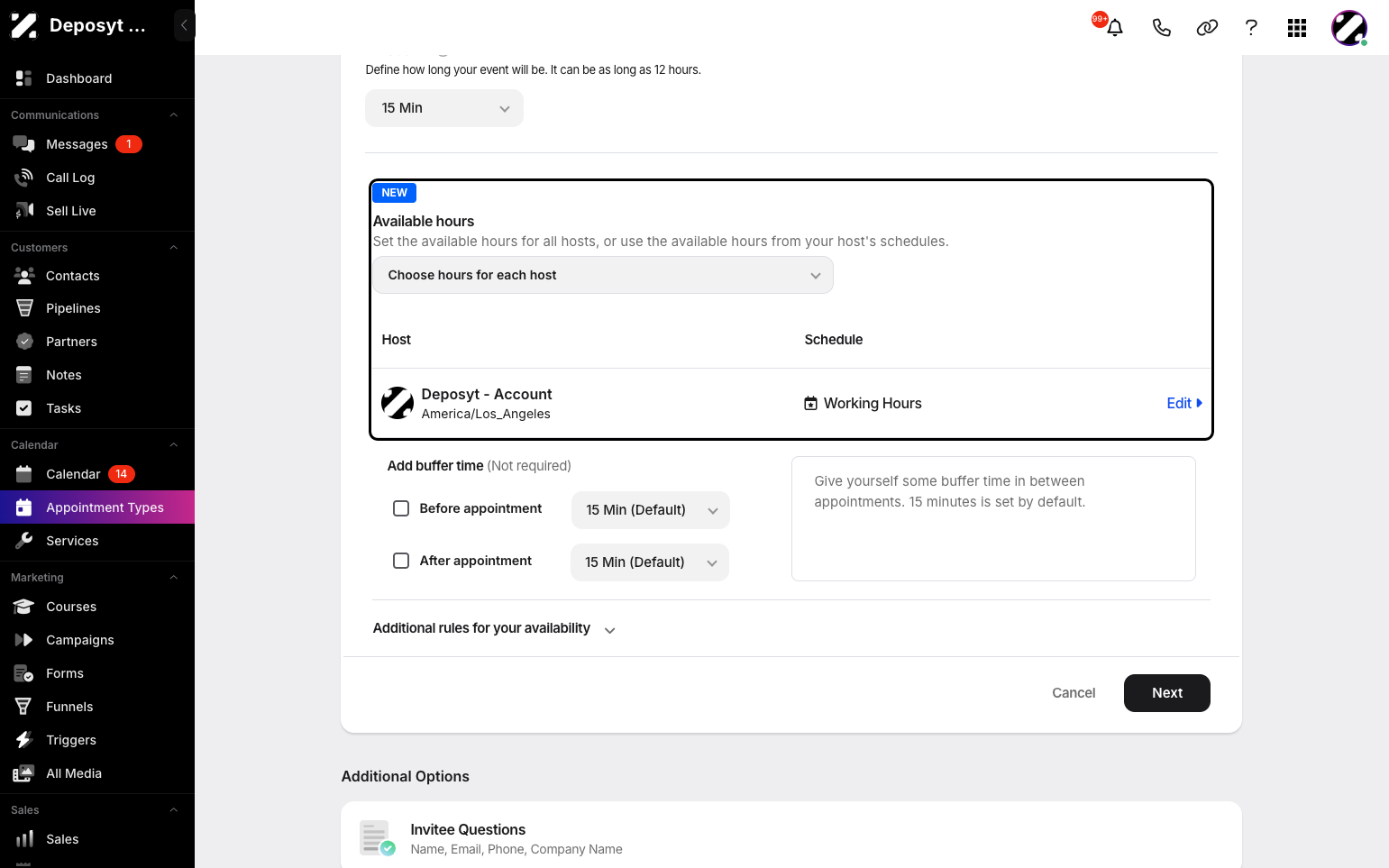 Step 9: Continue by setting a buffer time before or after the appointment. You can also add additional rules for your availability. When done, click Next.
