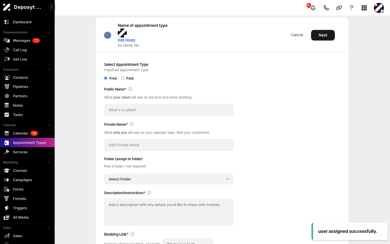 Step 5: Fill in the details, including whether the appointment type is free or paid, creating a public name and private name, assigning it to a folder, setting the location, and adding a description.