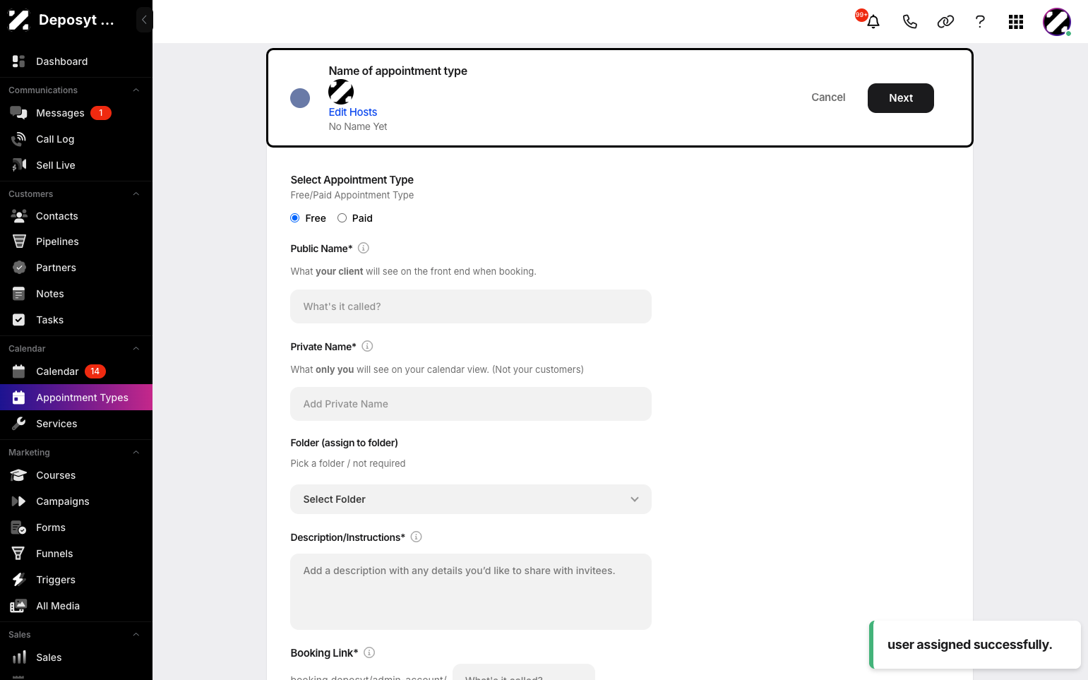 Step 5: Fill in the details, including whether the appointment type is free or paid, creating a public name and private name, assigning it to a folder, setting the location, and adding a description.