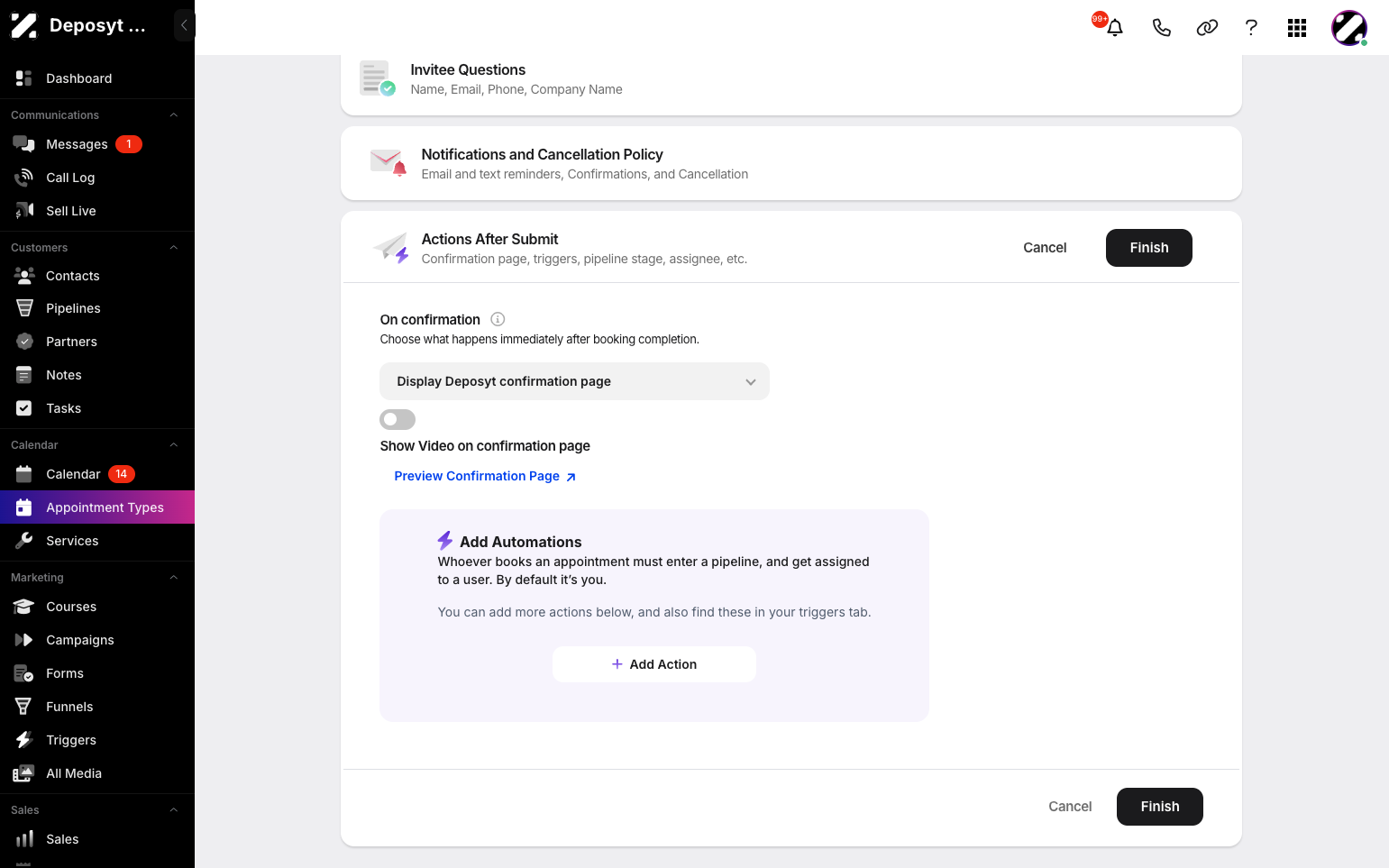 Step 12: Customize actions after submission by choosing what happens immediately after booking completion, such as showing a video on the confirmation page, assigning to a user, or adding automations. When done, click Finish to finalize your Round Robin appointment type.