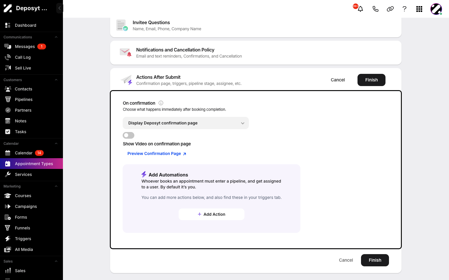 Step 12: Customize actions after submission by choosing what happens immediately after booking completion, such as showing a video on the confirmation page, assigning to a user, or adding automations. When done, click Finish to finalize your Round Robin appointment type.