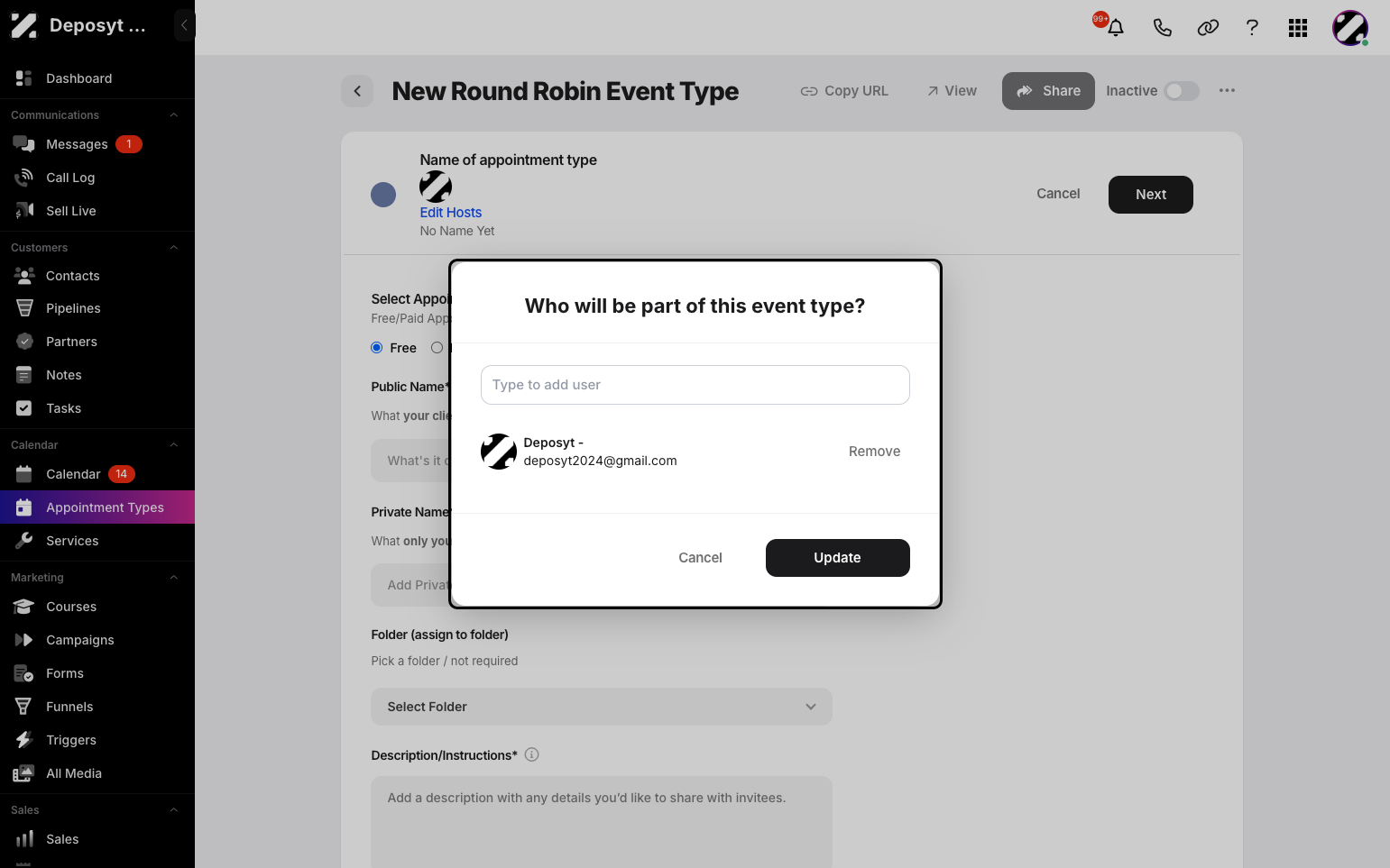 Step 4: A pop-up appears, allowing you to add or remove users who are part of the event. Click Update when you’re done.