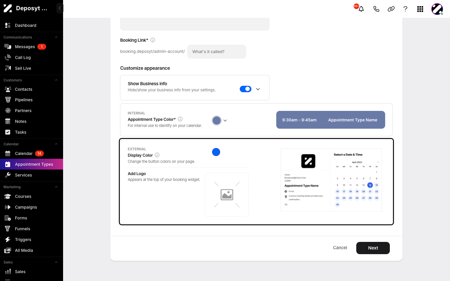Step 6: You can customize the appearance by showing or hiding business info in the settings, setting the appointment type color and display color, and adding a logo. When done, click Next.