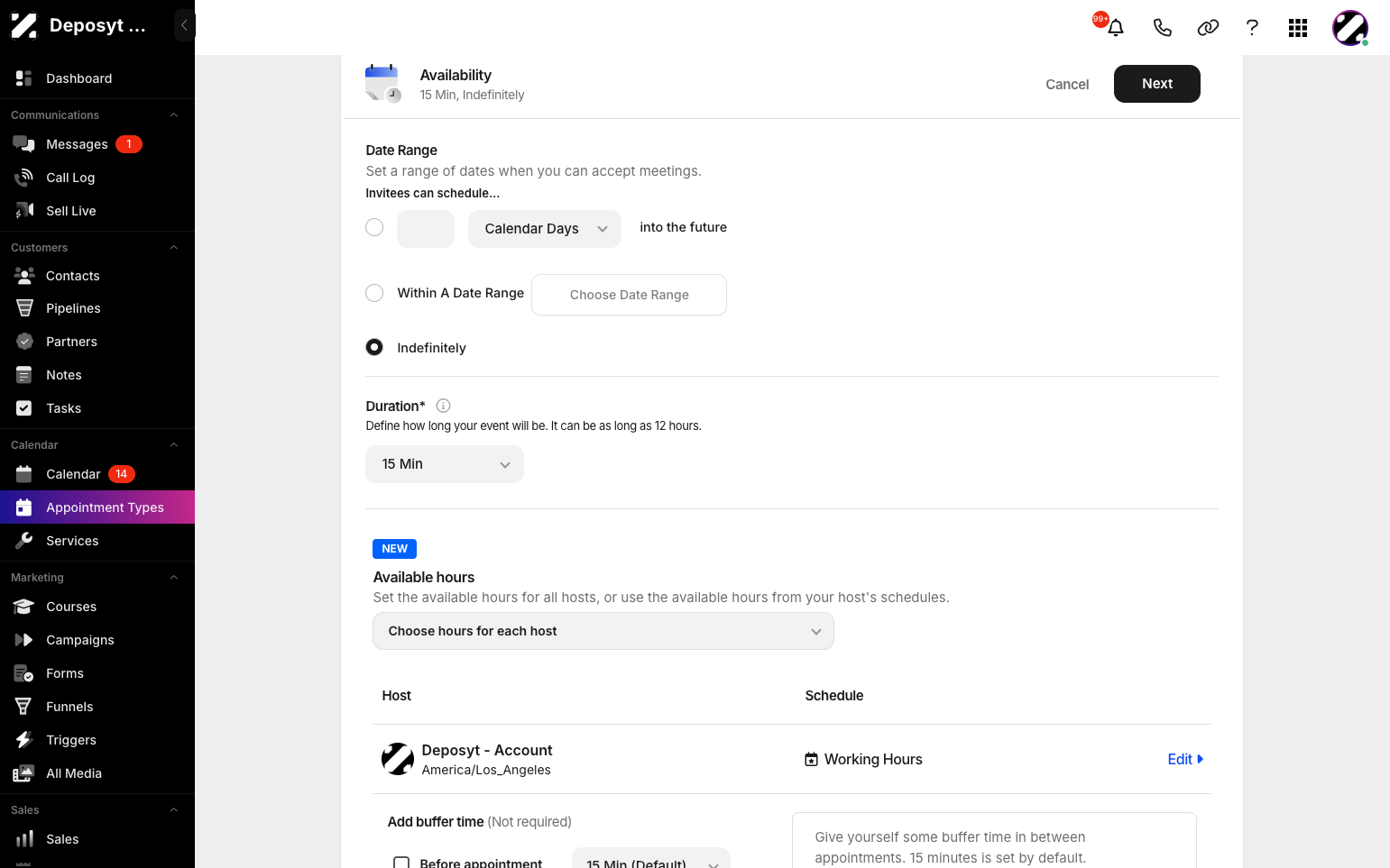 Step 8: Now you can customize your availability by setting a date range, event duration, and choosing your availability for each host, either by using your existing schedule or setting custom hours.
