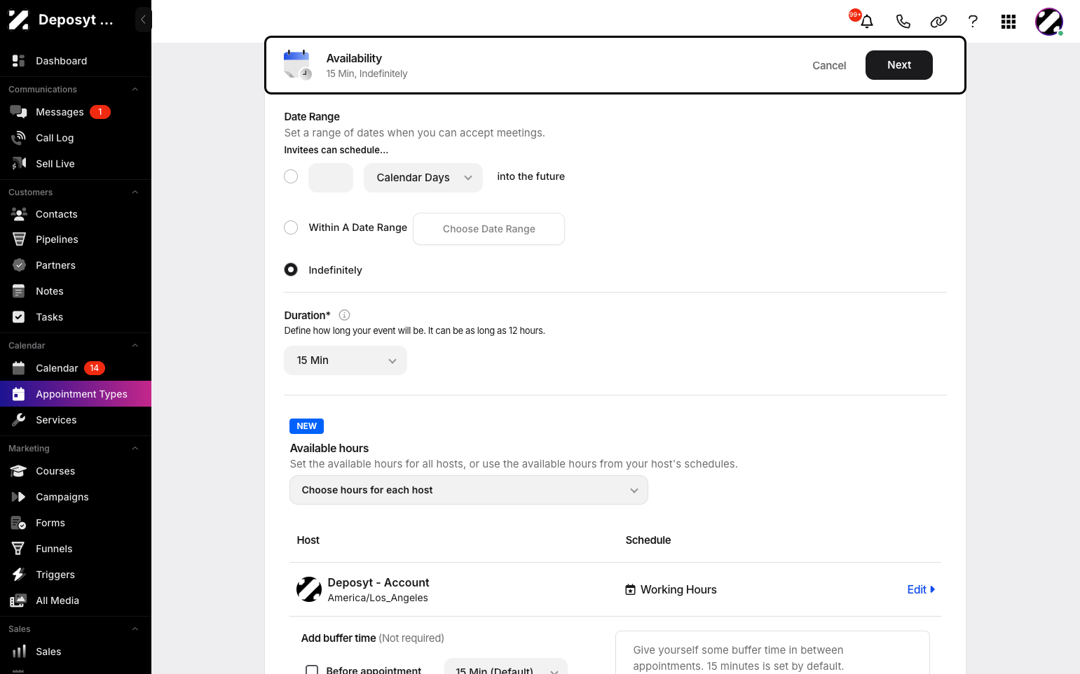 Step 8: Now you can customize your availability by setting a date range, event duration, and choosing your availability for each host, either by using your existing schedule or setting custom hours.