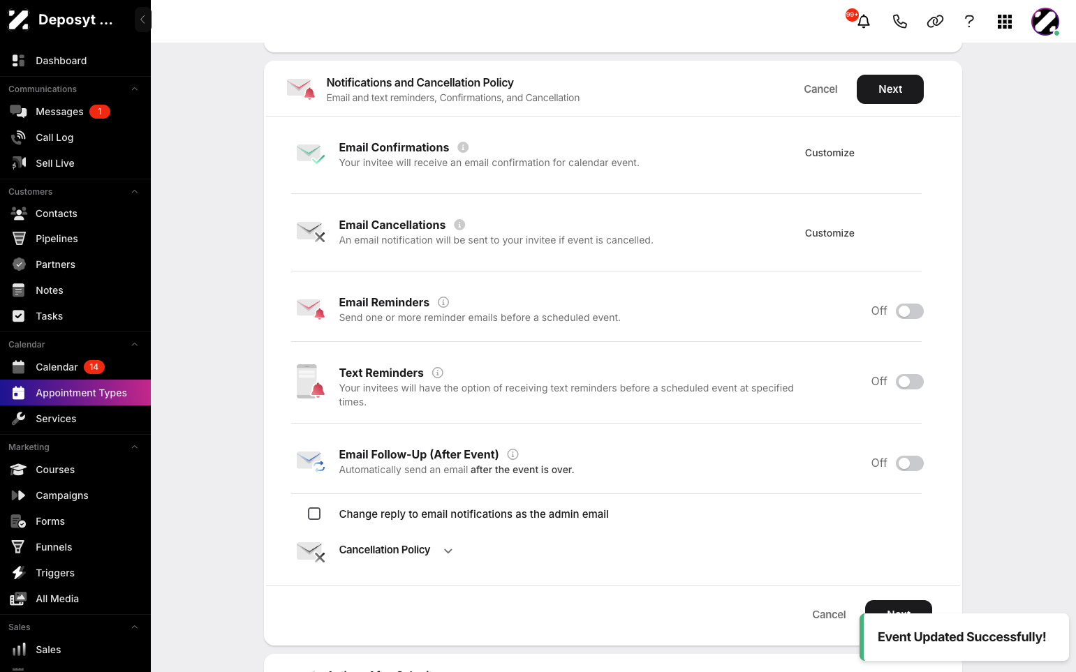 Step 11: You can customize the notifications and cancellation policy. Toggle email and text reminders on or off, add an email follow-up, and set your cancellation policy. When done, click Next.