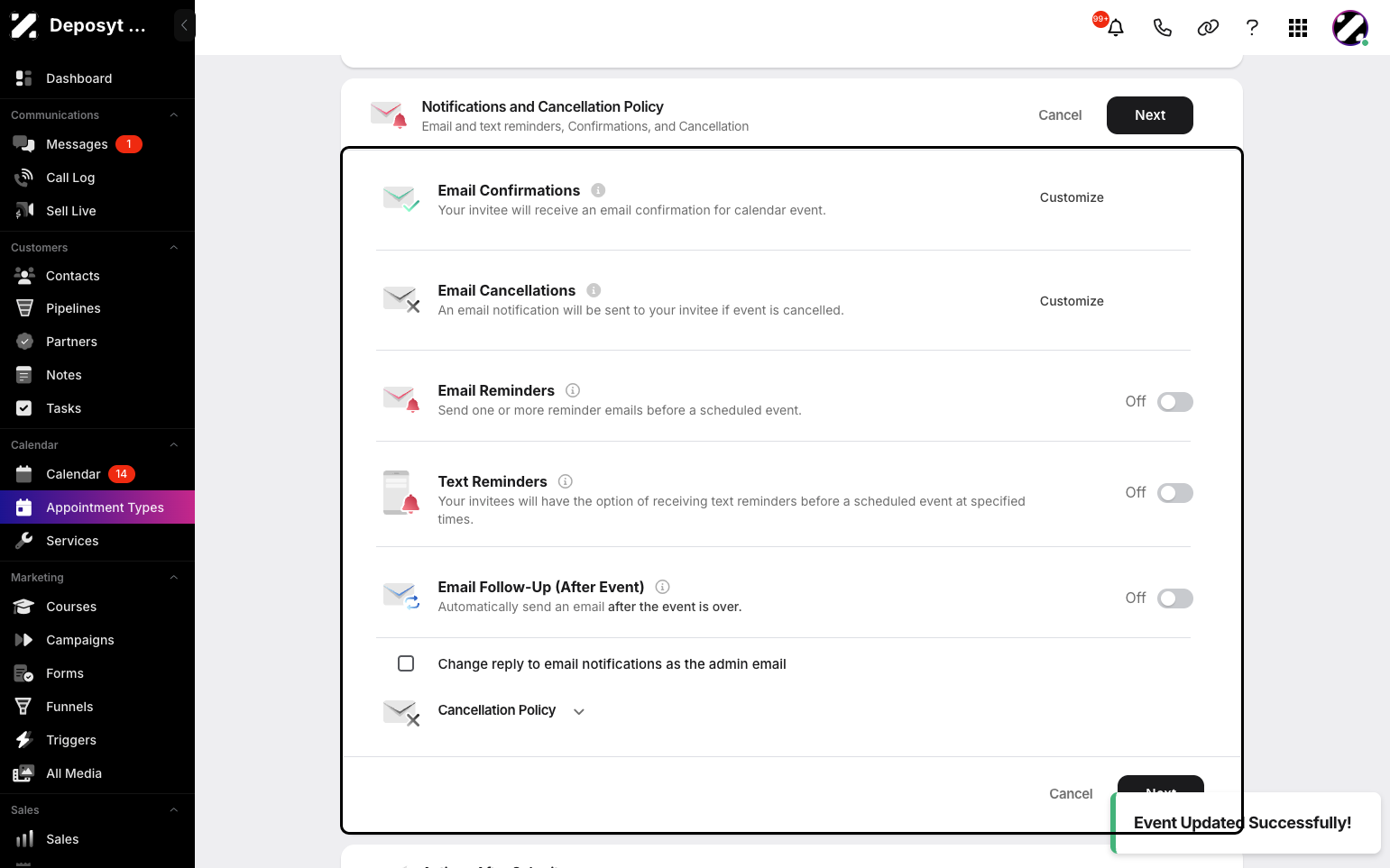 Step 11: You can customize the notifications and cancellation policy. Toggle email and text reminders on or off, add an email follow-up, and set your cancellation policy. When done, click Next.