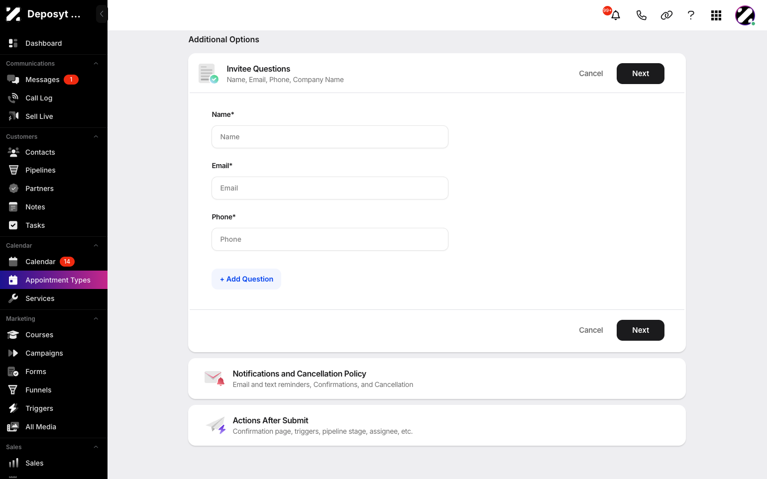 Step 10: There are additional options, such as Invitee Questions ora adding your own custom questions. Click Next when you are done.