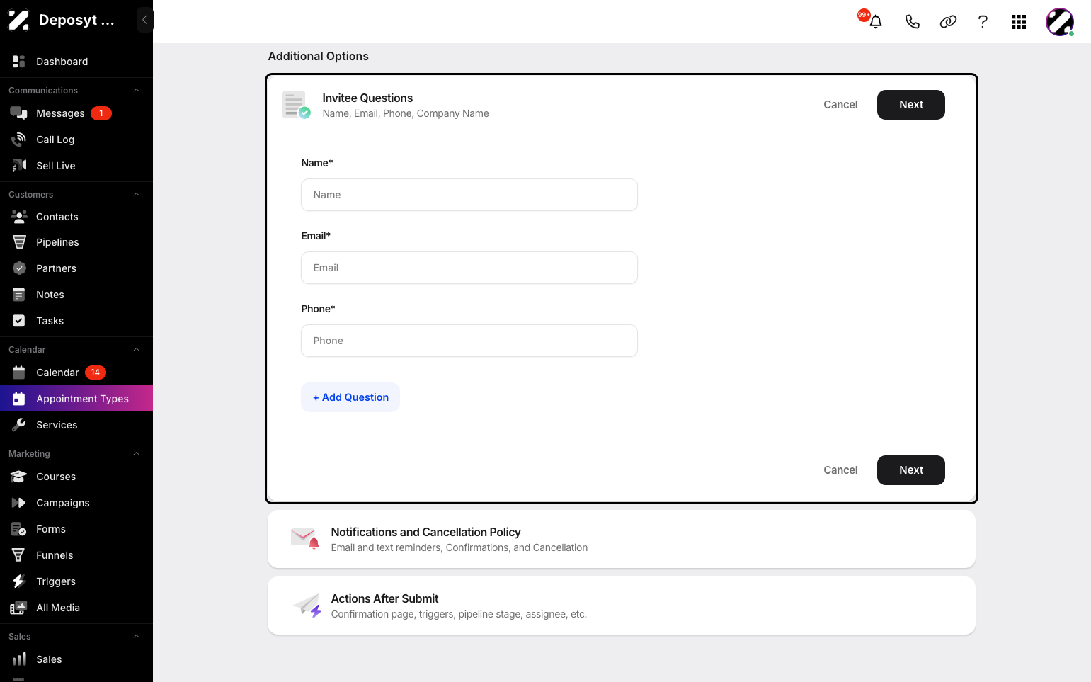 Step 10: There are additional options, such as Invitee Questions ora adding your own custom questions. Click Next when you are done.