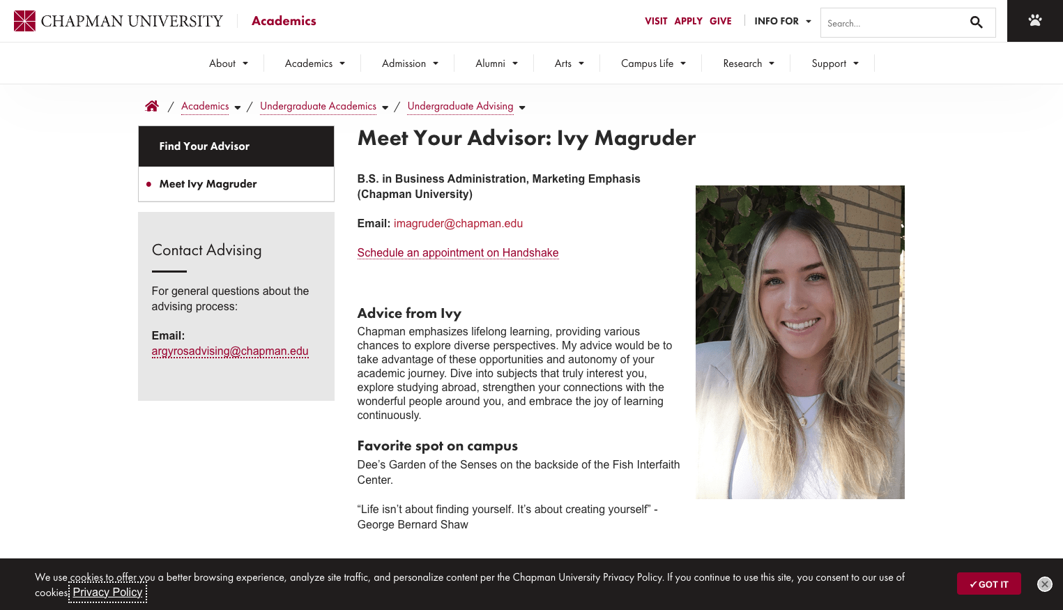 Your designated advisor will appear along with their contact information
