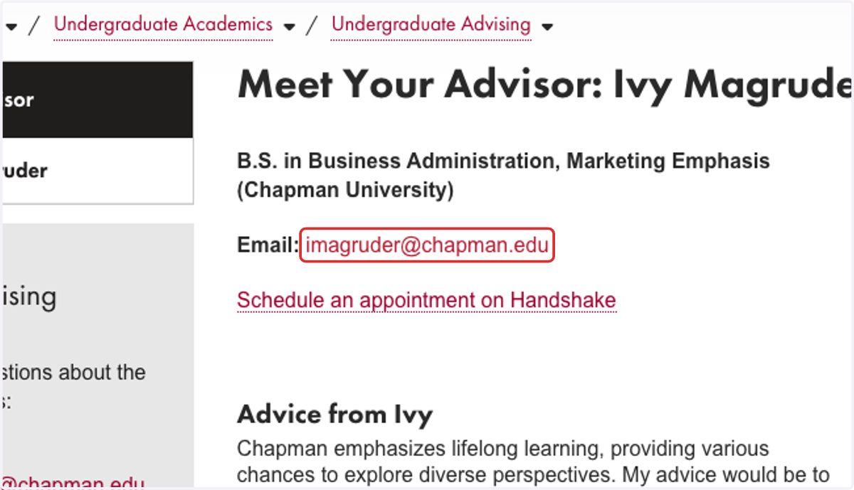 Your designated advisor will appear along with their contact information