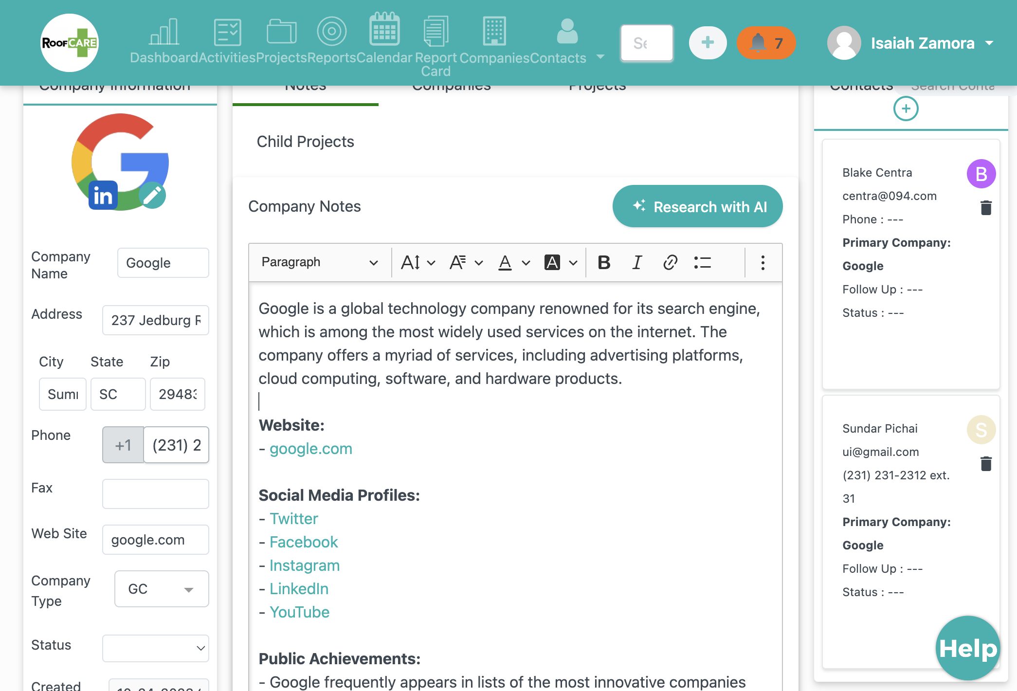 The AI feature summarizes the company, as well as gives you their website and social media profiles
