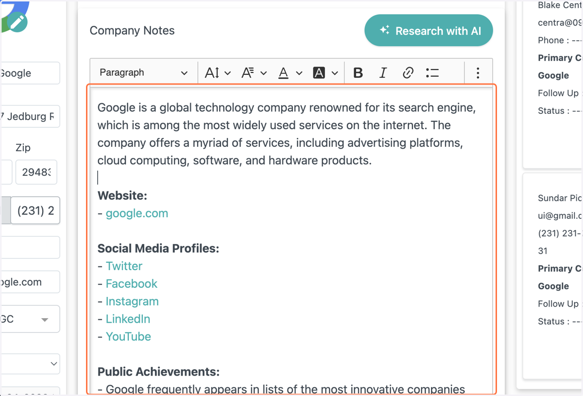 The AI feature summarizes the company, as well as gives you their website and social media profiles
